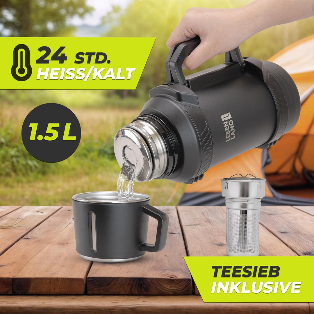 LEBENLANG Thermosflasche 1,5 Liter - 24h Heiss Inkl. Becher, Teesieb, Tragegurt I Trinkflasche Therm