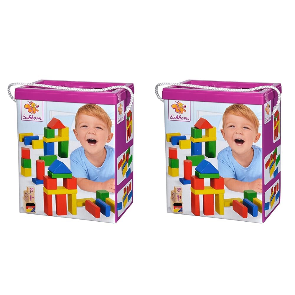 Eichhorn 100050161 50 Bunte Holzbausteine in der Aufbewahrungsbox mit Kordel und Sortierdeckel, für
