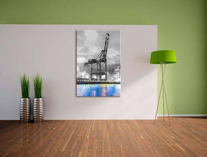 Riesger Hafen mit Kran Format: 100x70 auf Leinwand, XXL riesige Bilder fertig gerahmt mit Keilrahmen