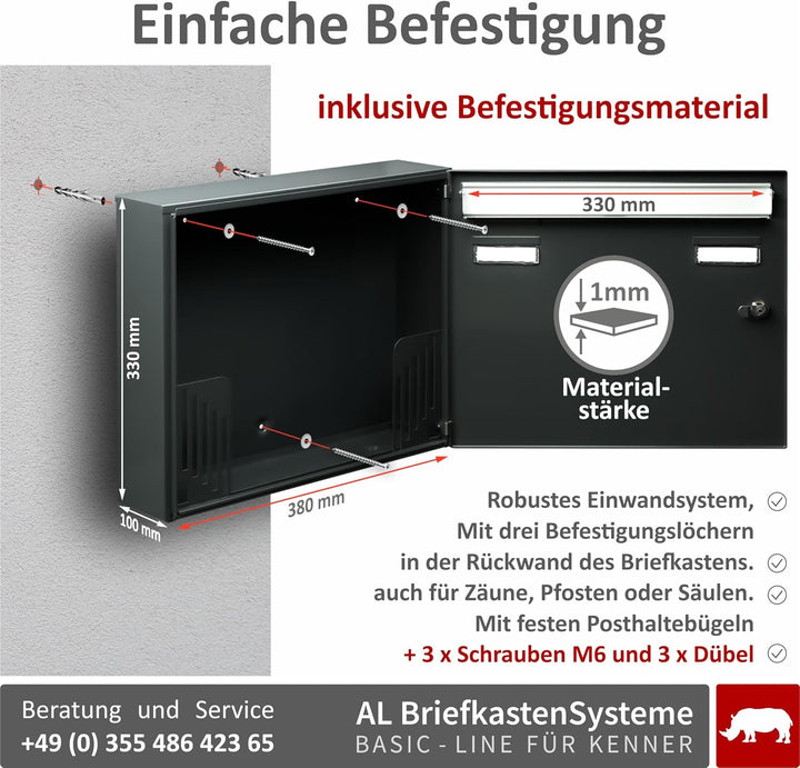 AL Briefkastensysteme Basic 3er Briefkasten RAL 7016 Anthrazit Grau/Einwurfklappe RAL 9006 Weiss Alu