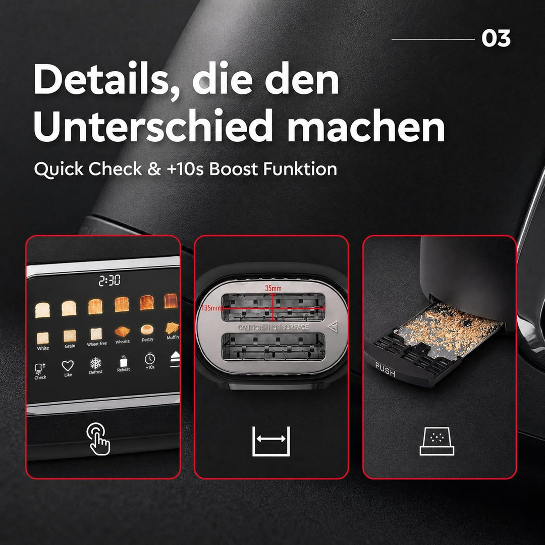 Trisa Toast IT! Digitaler Toaster 2 Scheiben 800W – Moderner Touchscreen Toaster mit Brötchenaufsatz