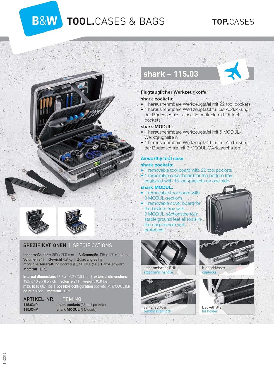 B&W Werkzeugkoffer Shark Modul, 115.03/M (Lieferung erfolgt ohne Werkzeug), tool.case HDPE.326.M Sha
