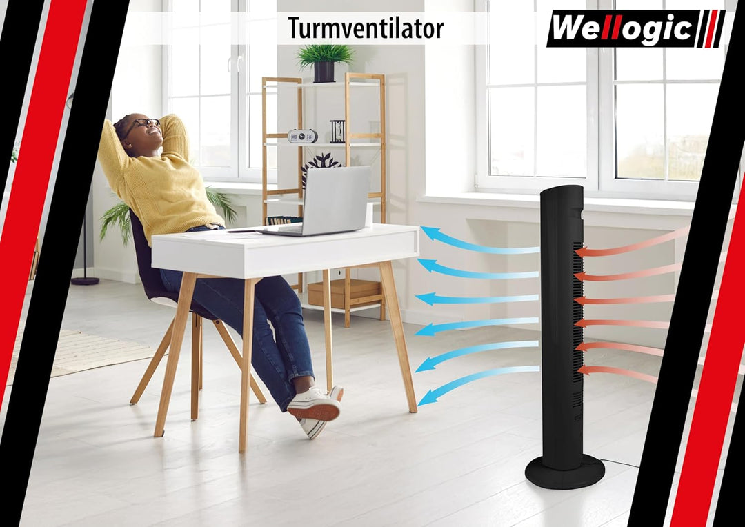 Turmventilator leise 91 cm Schwarz – Standventilator mit Fernbedienung, Timer 7,5h, 3 Geschwindigkei