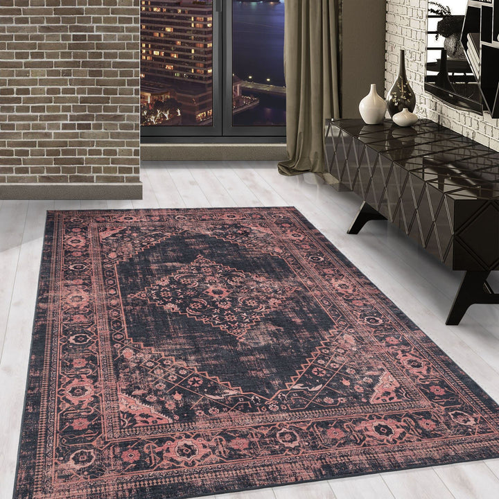 Waschbarer Teppich, Didigitaldruck Orientteppiche, Rechteckig, Rot - Schwarz Farbe, Flachgewebe, Fus