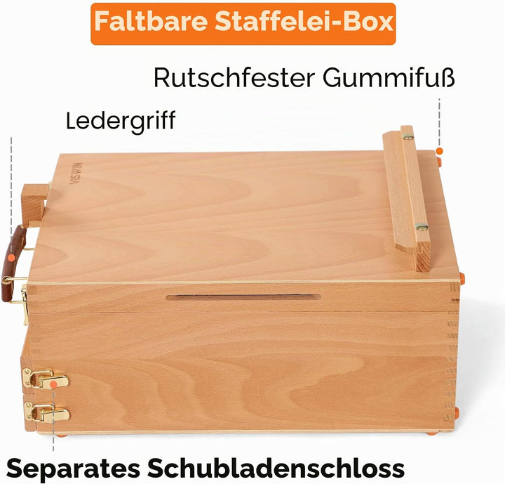 VISWIN Grosse Tisch-Staffelbox mit 3 Schubladen, Hält Leinwände bis zu 63 cm, tragbare Staffeleibox