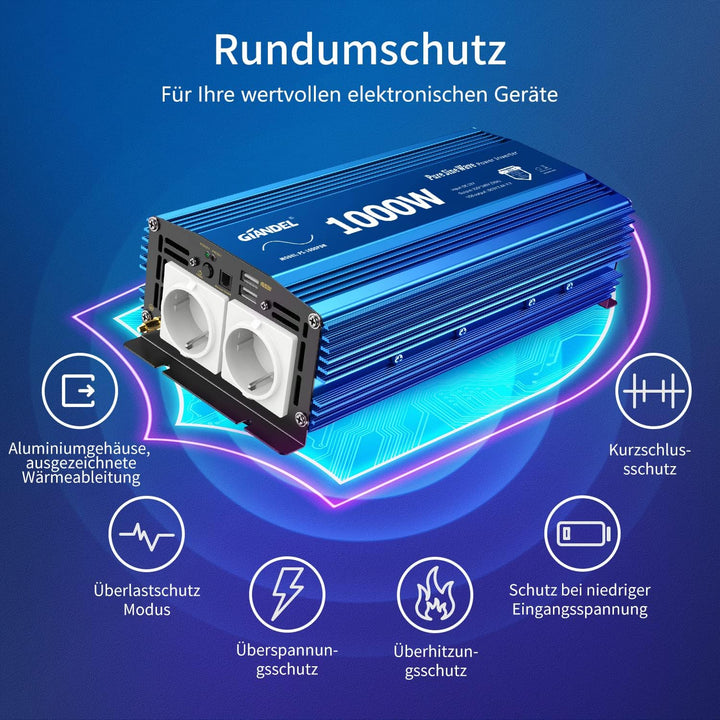 GIANDEL 1000W Wechselrichter Reiner Sinus 12V auf 230V KFZ Spannungswandler Power Inverter mit LCD-B