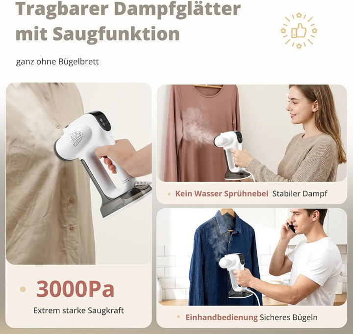 Steamer Dampfglätter mit Saugfunktion, 3000Pa Saugleistung Grosser Abnehmbar Wassertank Tragbares Re