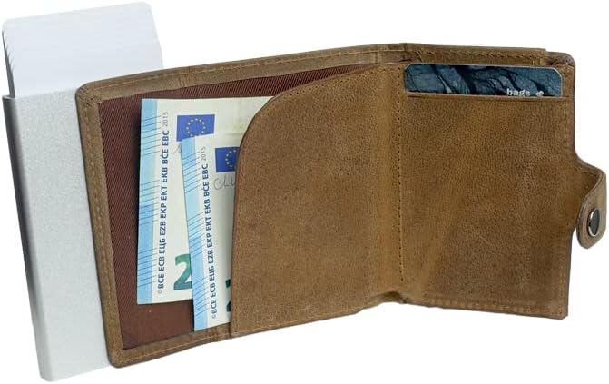 Minigeldbörse Herren braun Leder mit silber ALU Kartenhalter und Münzfach RFID Schutz, Herren Damen