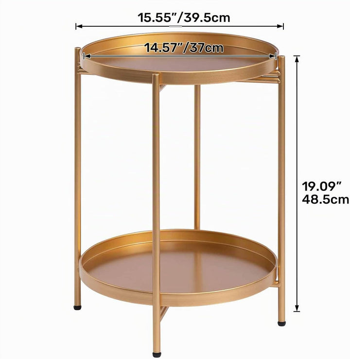 HollyHOME Runder Beistelltisch, 2 Ebenen Goldener Beistelltisch Metalltablett, Snacktisch, Couchtisc