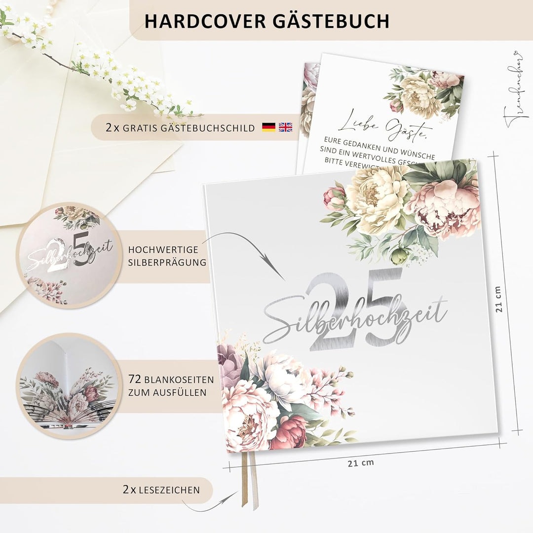 Gästebuch 25 Silberhochzeit deko Geschenk zum 25. Hochzeitstag für Eltern oder Freunde mit Silberprä
