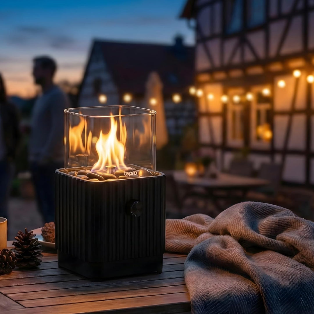 tepro Tisch-Gasfeuerstelle quadratisch mit Glasaufsatz, inkl. Dekosteine, Edelstahl-Brenner, kompakt