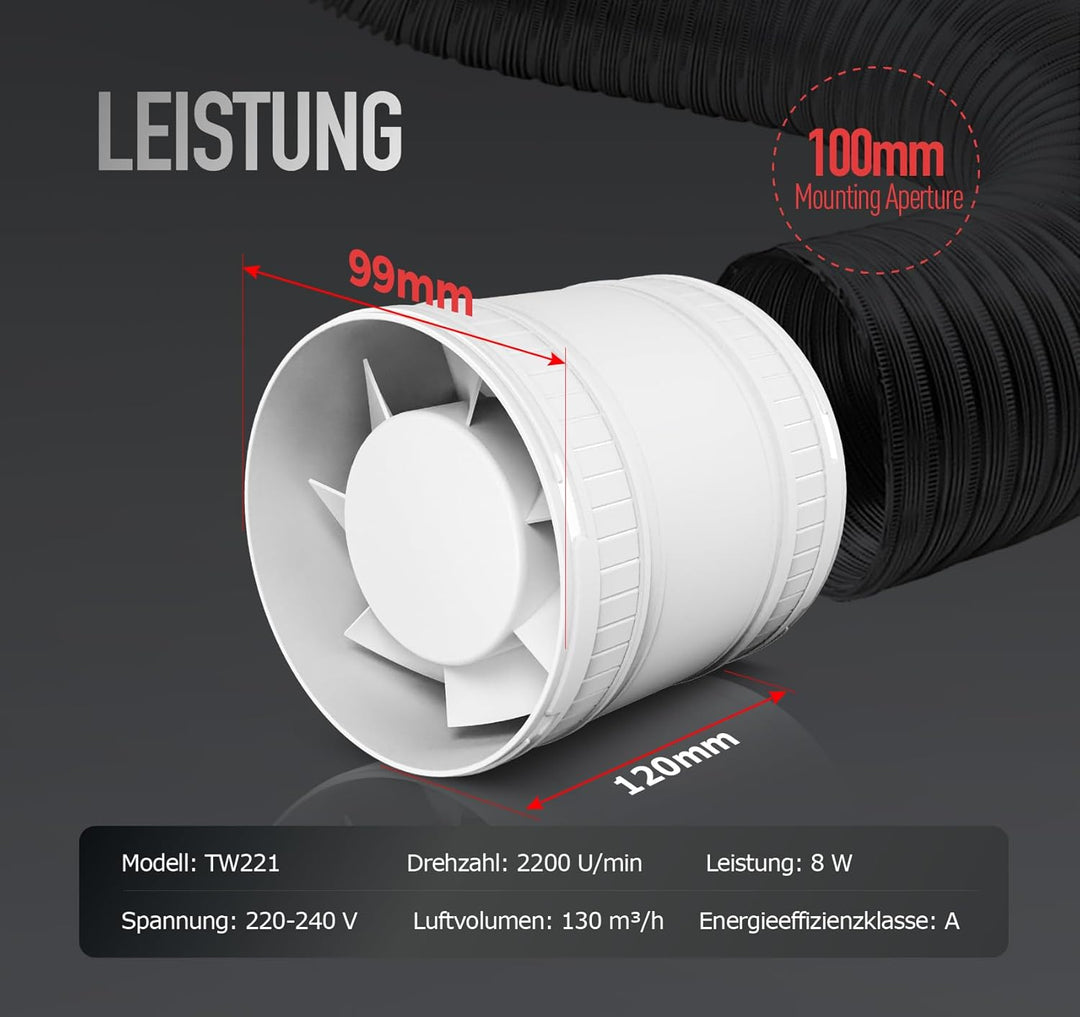 Rohrventilator 100mm, Leise Rohrlüfter mit Doppelkugellagermotor Überhitzungsschutz, 32dB 130m³/h Ra
