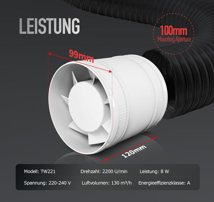 Rohrventilator 100mm, Leise Rohrlüfter mit Doppelkugellagermotor Überhitzungsschutz, 32dB 130m³/h Ra