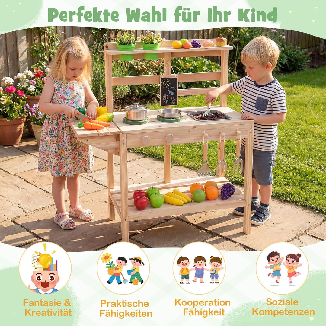 COSTWAY Matschküche Kinder Outdoor, Kinderküche Holz mit Herd, Spüle & Tafel, Spielküche mit Pflanzk