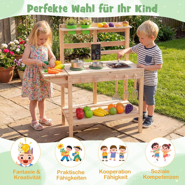 COSTWAY Matschküche Kinder Outdoor, Kinderküche Holz mit Herd, Spüle & Tafel, Spielküche mit Pflanzk