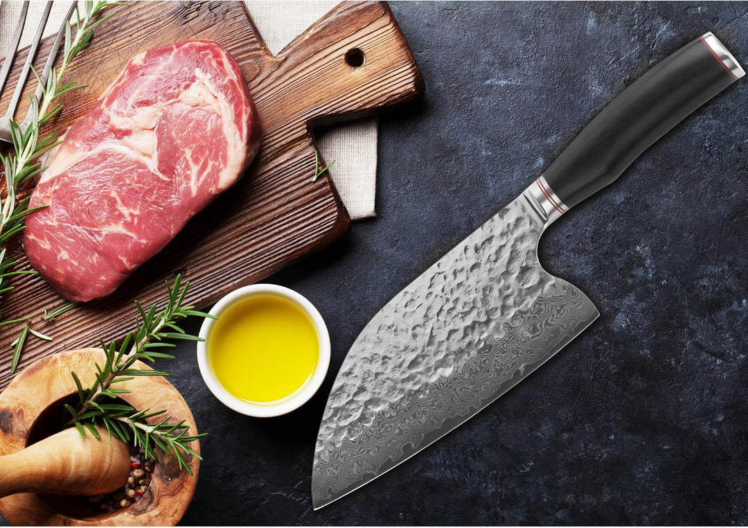 YOUSUNLONG Hackmesser Outdoor Damaststahl Metzgermesser Klinge 20,6 cm - Geschmiedeter Fleischermess