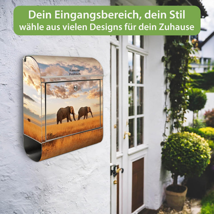 banjado® Briefkasten Edelstahl personalisiert mit Motiv Elefanten 38x43x12cm &amp; 2 Schlüssel - rostfre