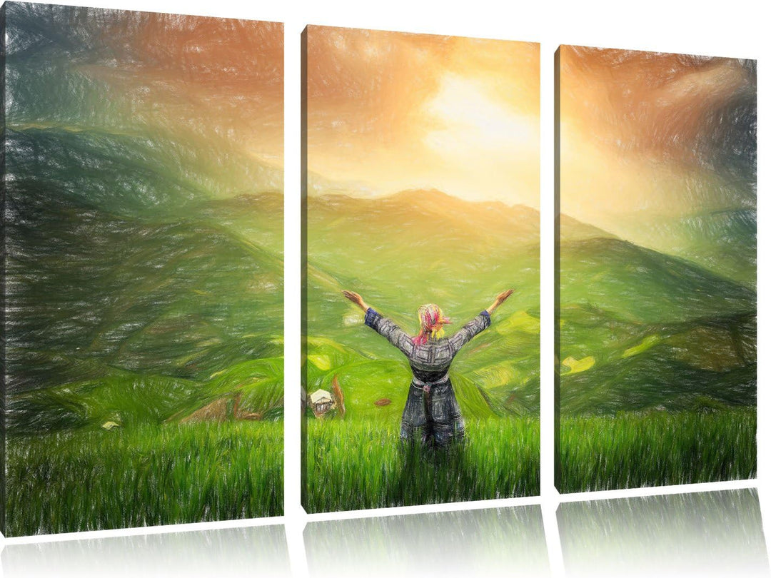 Pixxprint eine Berg Farm in Asien im Sonnenschein Kunst Buntstift Effekt 3-Teiler Leinwandbild 120x8