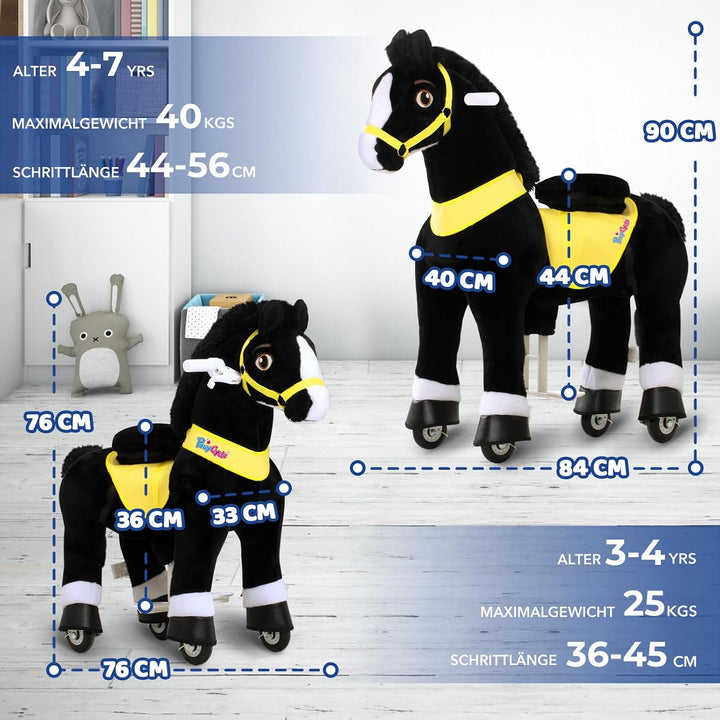PonyCycle Spielpferd zum reiten, für Kinder 4–7 Jahre, 90cm Hoch, Reitpferd auf Rollen mit Handbrems