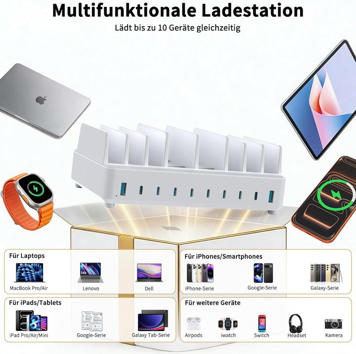 420W Ladestation Mehrere Geräte USB C Charging Station, GaN PD3.0 10 Anschlüsse Handy Ladestation De