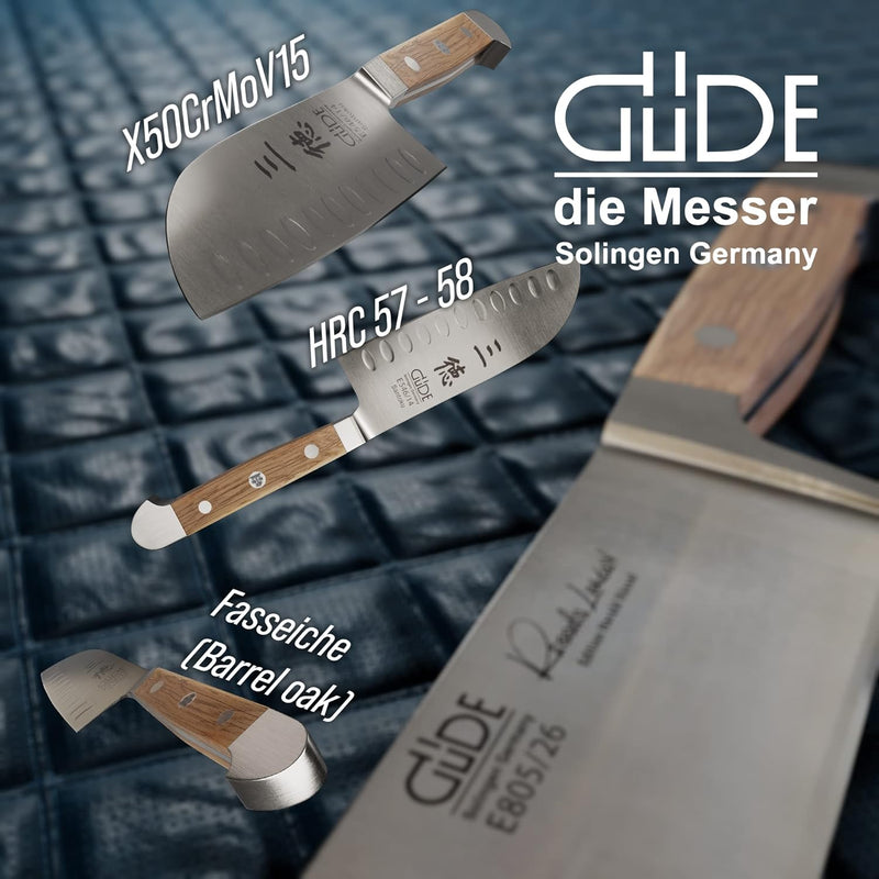 GÜDE Solingen - Santoku Messer mit Kulle geschmiedet, 14 cm, Fasseichenholz, ALPHA FASSEICHE, Doppel