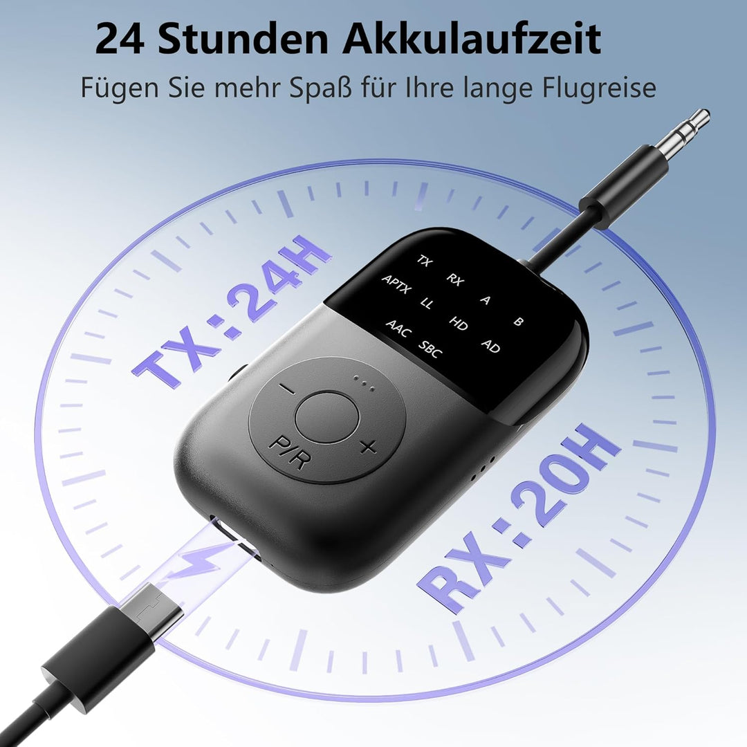 SOARUN 2-IN-1 Bluetooth 5.4 Adapter Transmitter, 24H Spielzeit, aptX Low Latency Airfly Gadgets, Blu