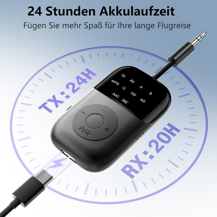 SOARUN 2-IN-1 Bluetooth 5.4 Adapter Transmitter, 24H Spielzeit, aptX Low Latency Airfly Gadgets, Blu