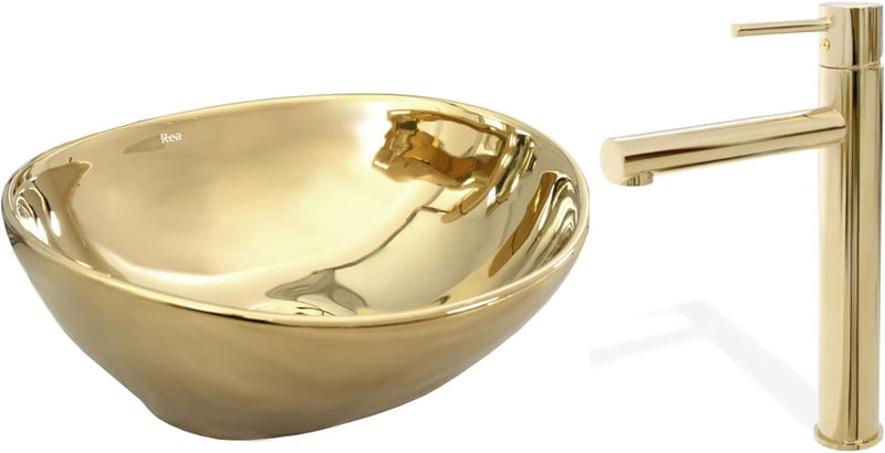 VBChome Waschbecken Gold + Armatur 41 x 35 x 15 cm Kleine Keramik Oval Waschtisch Handwaschbecken Au