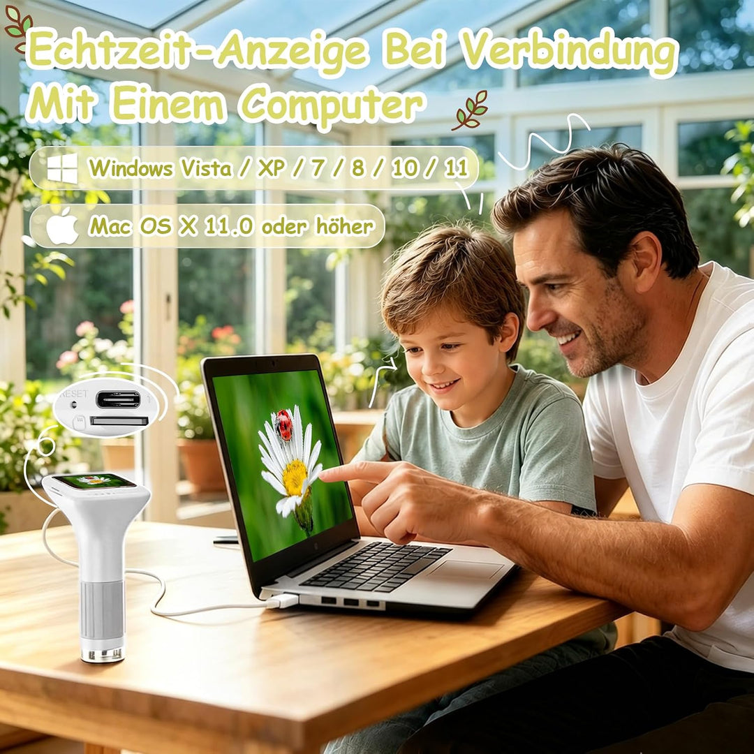 Digitales Mikroskop für Kinder 1000X, Abenteurer Mikroskop für Kinder mit 2 Zoll HD-Bildschirm, 8 LE