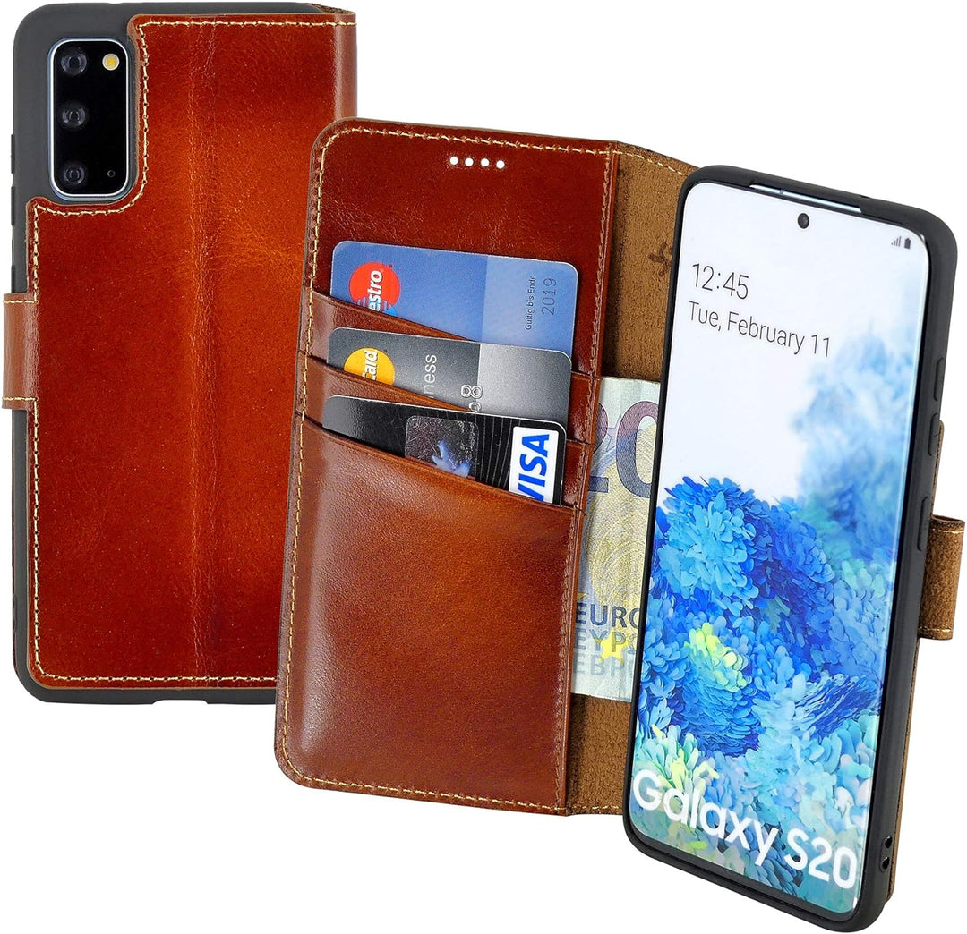 Suncase Book-Style Hülle kompatibel mit Samsung Galaxy S20 Leder Tasche (Slim-Fit) Lederhülle Handyt