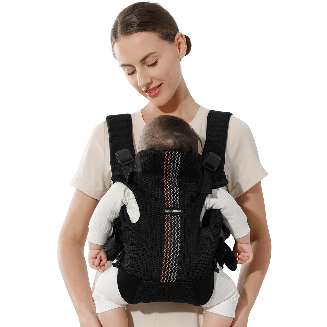 Bebamour Babytrage Vorder und Rückentrage mit 2 Schulterlätzchen,Black Pro, Black Pro