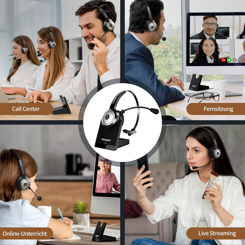 TECKNET Bluetooth Headset mit Mikrofon, PC Headset mit AI Rauschunterdrückung, kabelloses Headset mi