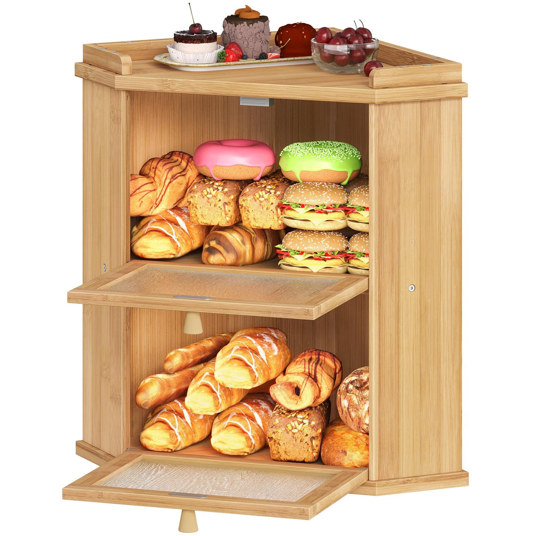 HOOBRO Brotkasten Bambus, 2-lagige Brotkorb mit Oberem Fach, Brotbox, Brotaufbewahrung für Brötchen
