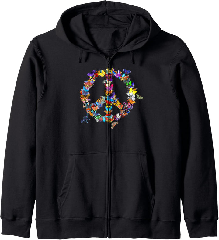 Schmetterling Friedensschild Retro 60er 70er Jahre Bunte Kapuzenjacke