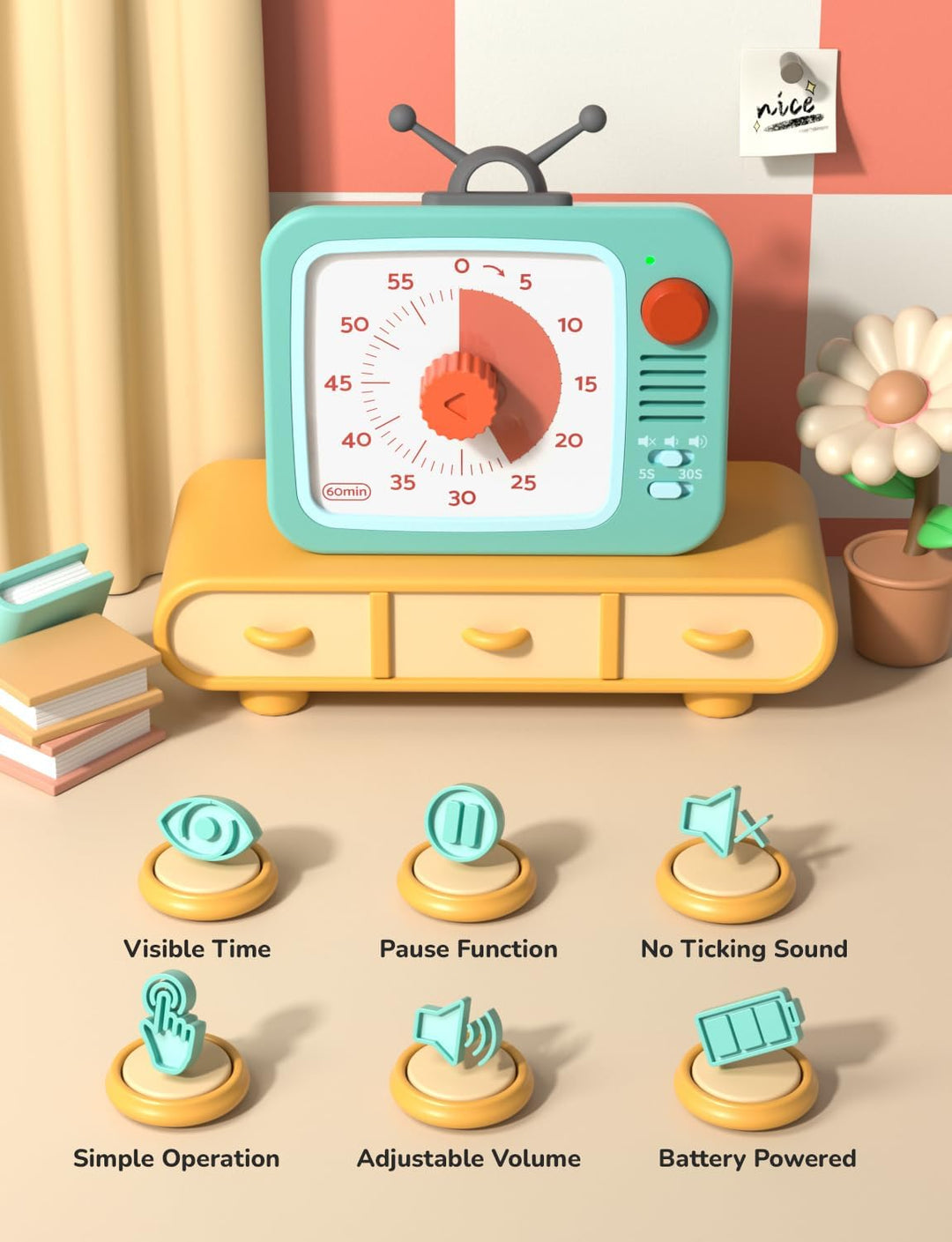LIORQUE Visueller Timer Kinder mit Pausenfunktion 60 Min. Countdown Timer Weiss+grün, Weiss+grün