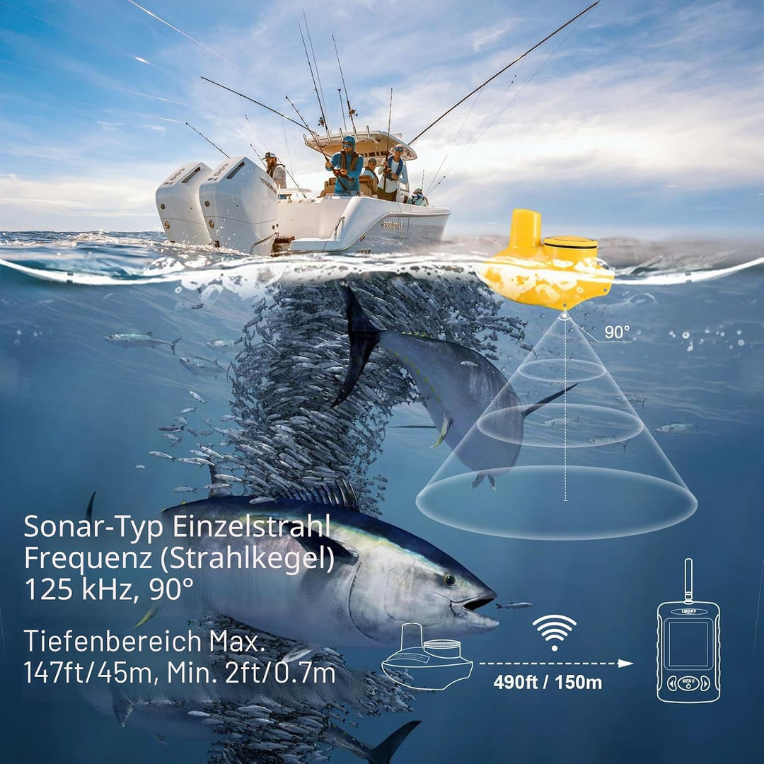 LUCKY Drahtloser Fischfinder Sonarsensor Tragbarer Sonar Fischfinder LCD Display Tiefenmesser zum An