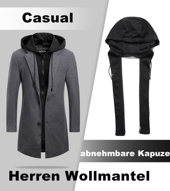Luckyone Wintermantel Herren Mantel Loose Fit Lang Wollmantel Business Mantel mit Stehkragen Herren