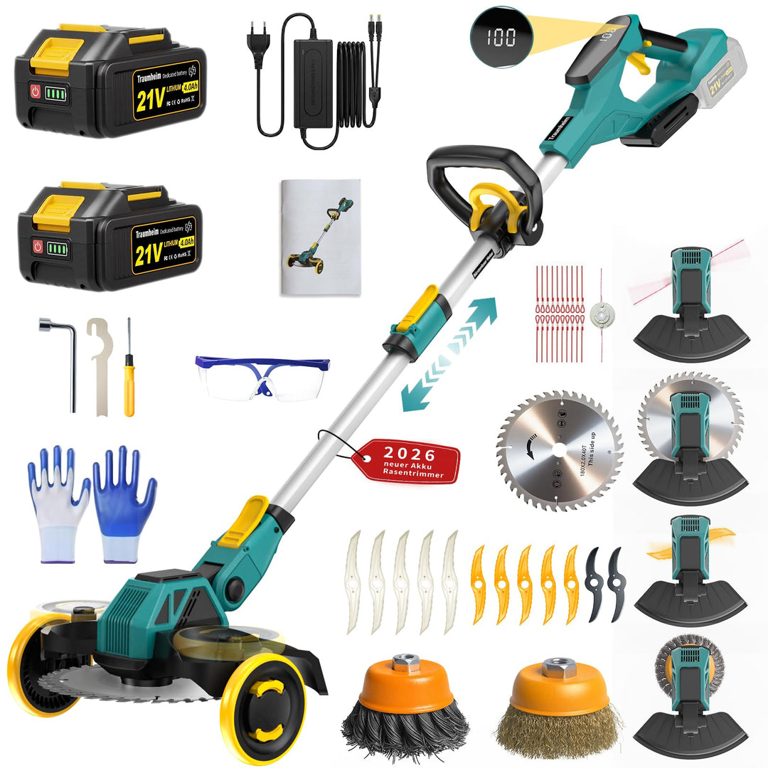 Rasentrimmer mit Akku, 21V Akku Rasentrimmer für Makita Akku, Rasentrimmer mit Unkrautbürste, 2 * 4.