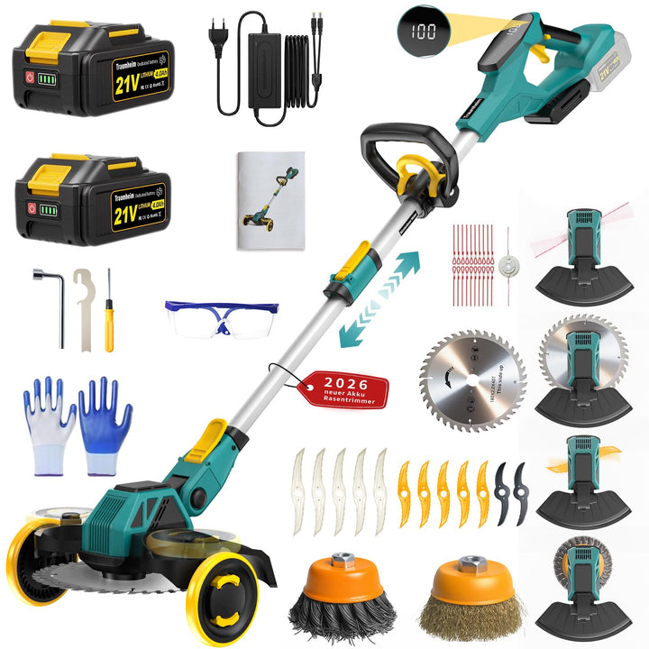 Rasentrimmer mit Akku, 21V Akku Rasentrimmer für Makita Akku, Rasentrimmer mit Unkrautbürste, 2 * 4.