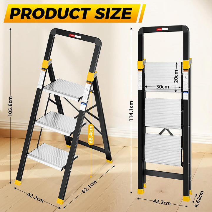 KINGRACK Trittleiter 3 Stufen Klappbar Aluminium, Klappleiter mit Handlauf, Haushaltsleiter Anti-Rut