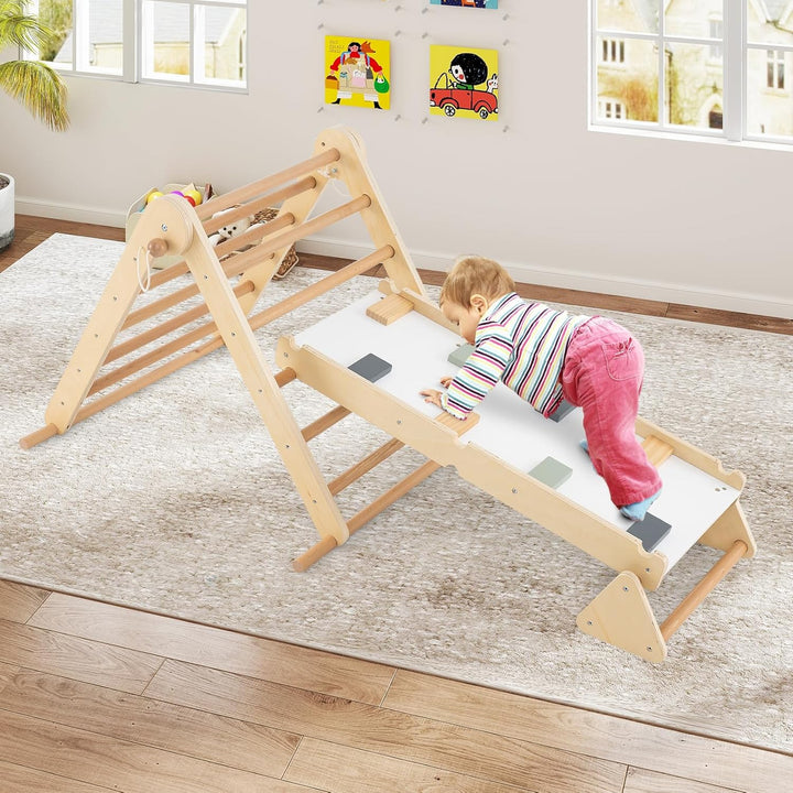 HOMASIS 3 in 1 Kletterdreieck mit Kletterleiter & Wippe, Holz Klettergerüst Indoor mit doppelseitige