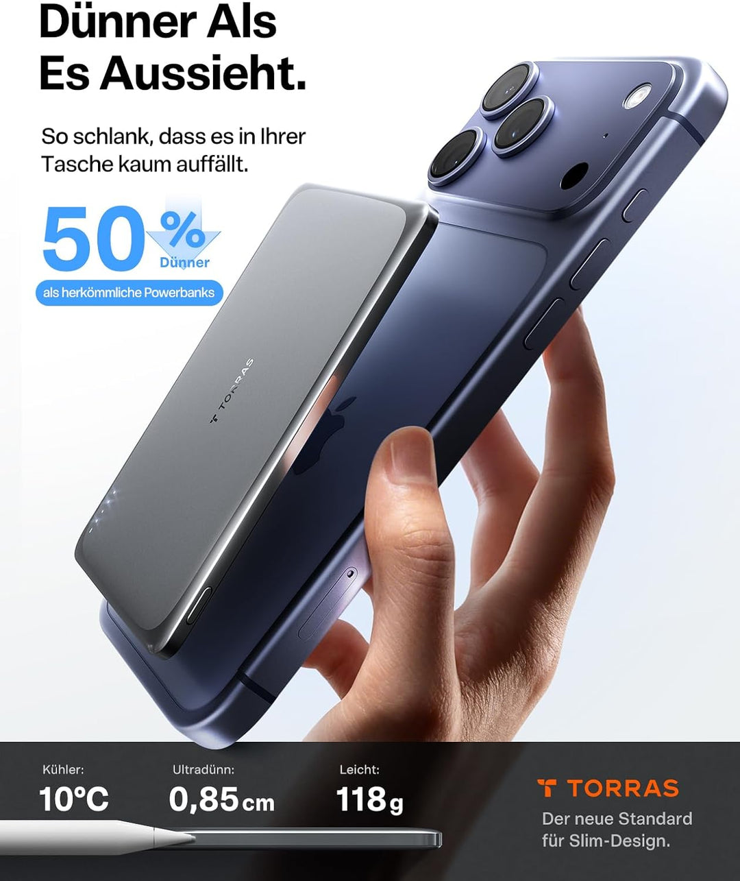 TORRAS MiniMag Pro Ultra Slim Powerbank für Magsafe, 5000mAh Semi-Solid-State Akku, Magnetische Wire
