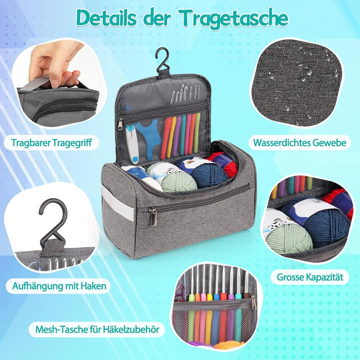 Coopay Tragbar Häkelset für Anfänger, Häkelnadel Set mit 15 Wolle, Tasche, Häkelzubehör, Ergonomisch