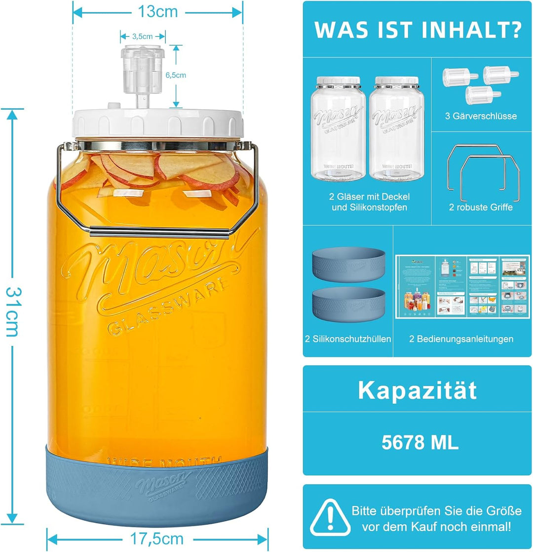 Grosse Fermentiergläser mit Luftschleuse 5,5 L - Fermentierglas Mason Jar Gläser Gärglas für Kombuch