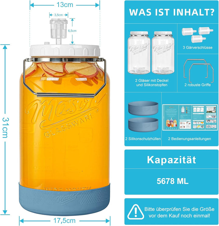 Grosse Fermentiergläser mit Luftschleuse 5,5 L - Fermentierglas Mason Jar Gläser Gärglas für Kombuch
