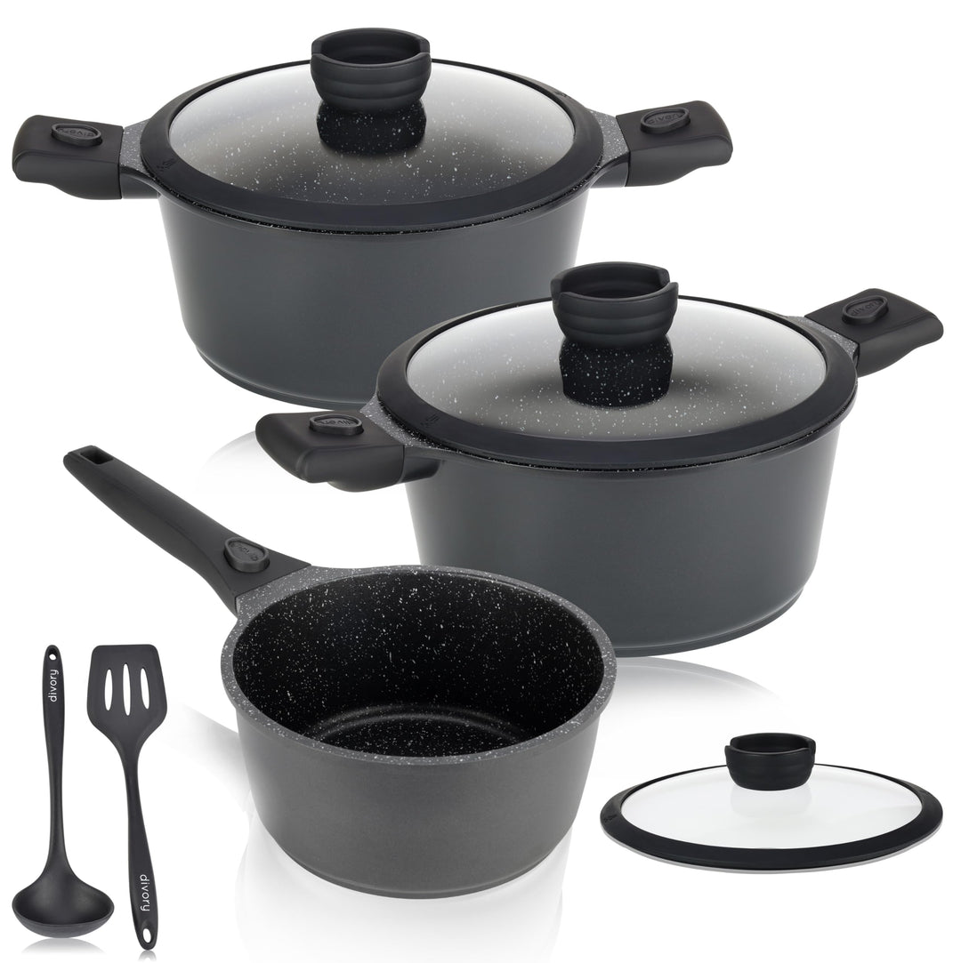 DIVORY Topfset - 8-teilig - Stielkasserolle 18 cm, Kochtopf 20 cm, Topf 24 cm, mit Deckel, Induktion