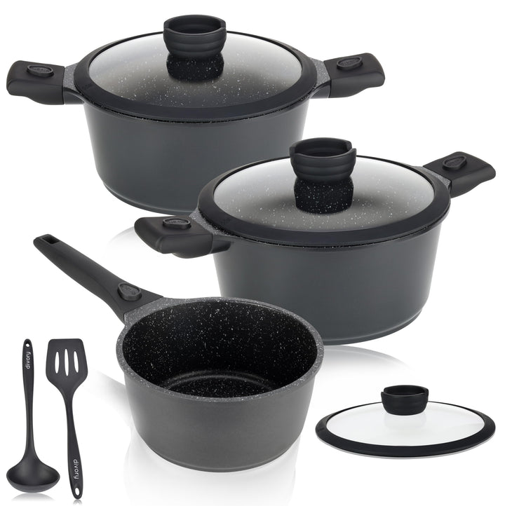 DIVORY Topfset - 8-teilig - Stielkasserolle 18 cm, Kochtopf 20 cm, Topf 24 cm, mit Deckel, Induktion