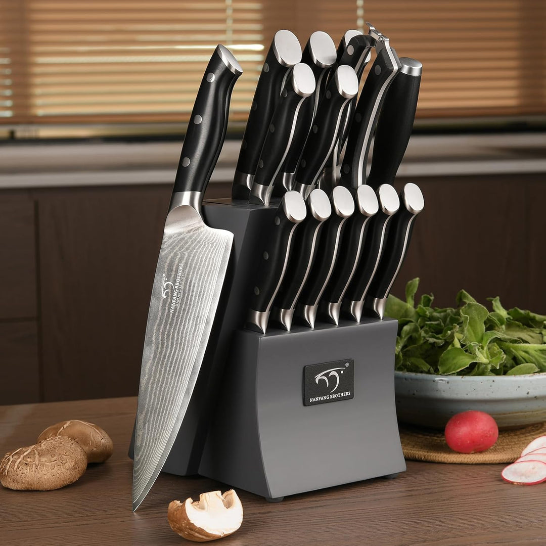 NANFANG BROTHERS 15er Damastmesser Set Damastmesser Set mit Buchenholzmesserblock, Messerblock mit M