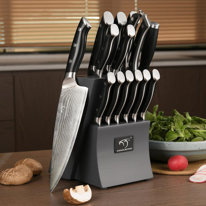 NANFANG BROTHERS 15er Damastmesser Set Damastmesser Set mit Buchenholzmesserblock, Messerblock mit M