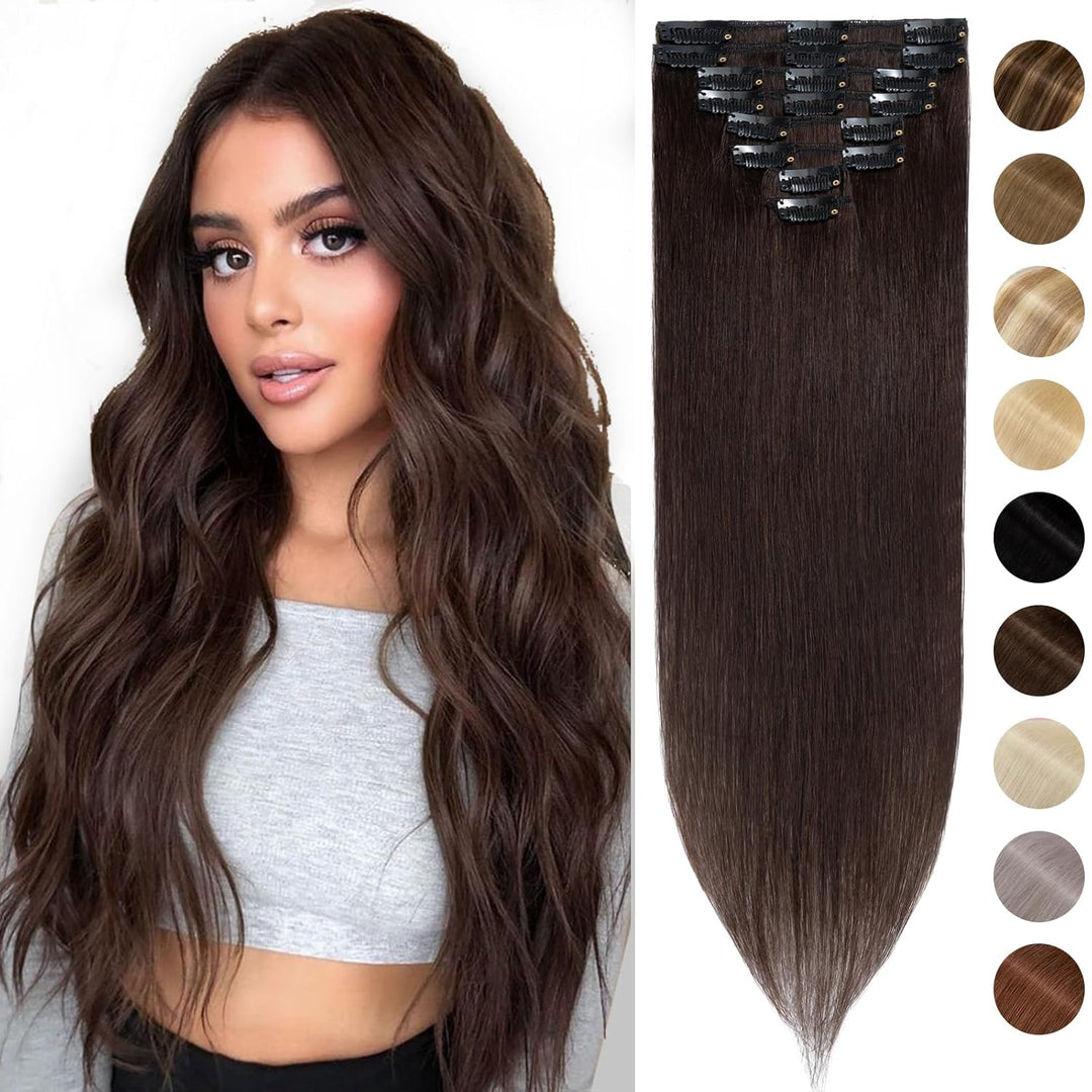 Silk-co Echthaar Clip In Extensions 8 Tressen 18 Clips 50g, Braun Hair Extensions, Remy Echthaar Cli
